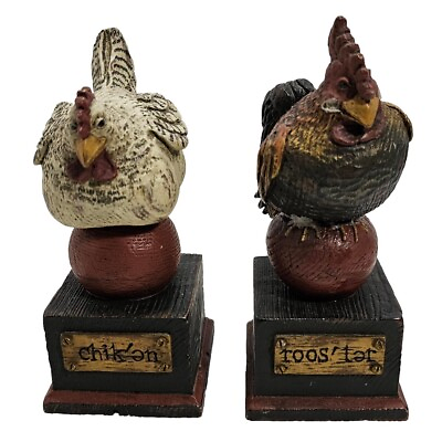 #ad CHICKEN ROOSTER FIGURINES ON WOOD BASE DECOR COLLECTIBLE $18.98