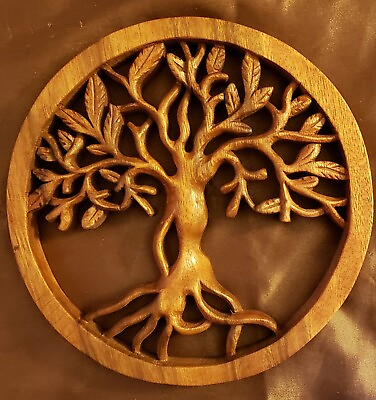 #ad WALL DECOR TREE OF LIFE Autumn Wood Carved Brown 8quot; Dia. Bali $30.00