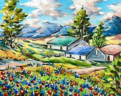 #ad Texas Bluebonnets Oil Painting Original Art Wildflowers Midwest Landscape 8x10#x27;#x27; $39.00