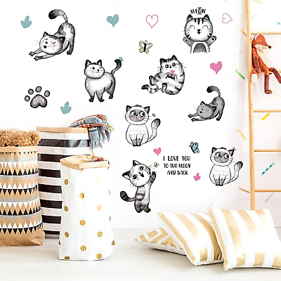 #ad 10 Style Cartoon Cats Wall Decals Cute Cat Bedroom Decor with Heart Paw Print Wa $16.65