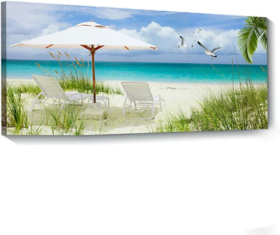 #ad Beach Canvas Wall Art Painting Blue Ocean Beach Seagull Landscape Canvas Artwork $60.99