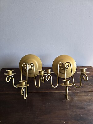 #ad VTG Set Of 2 Ornate Gold Metal Handpainted 3 Arm Wall Candle Sconces Shabby Chi $39.99