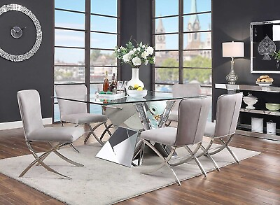 #ad NEW Art Deco Dining Room Furniture 7pcs Glass Top Table amp; 6 Gray Chairs Set ICBQ $2486.72