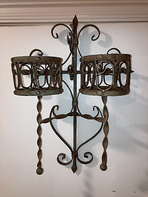 #ad Vintage Wrought Iron Wall DecorPlanter Flower Pot Holder candle Holder $70.00