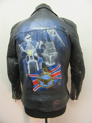 #ad VINTAGE 80#x27;S BLE UK LEATHER MOTORCYCLE JACKET SIZE 40 PAINTED RAF NAVY ART WORK GBP 79.00