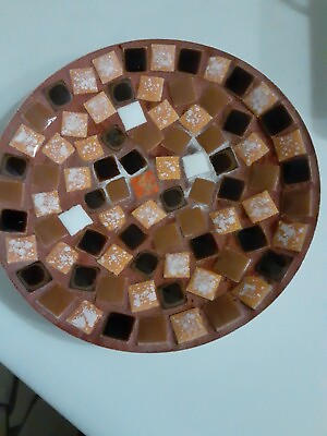 #ad Vintage Retro Mosaic Trinket Tile Dish Mid Century Modern Brown Orange White $8.00