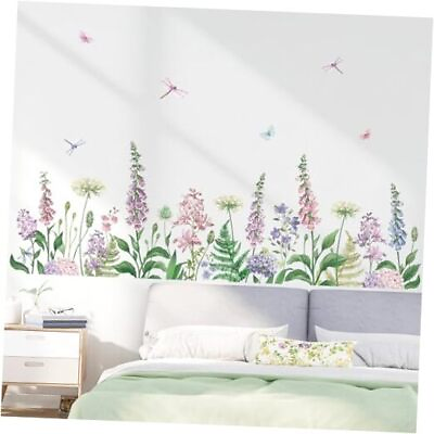 #ad Garden Flower Wall Stickers Watercolor Wildflower Purple Floral Grass Peel $21.31