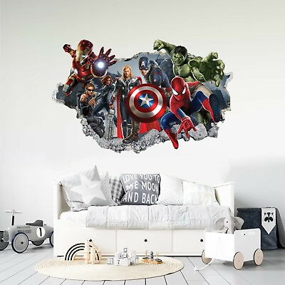 #ad Avengers Hulk Spiderman Captain America Smashed Wall Decal Sticker 3D Wall Decor AU $46.50