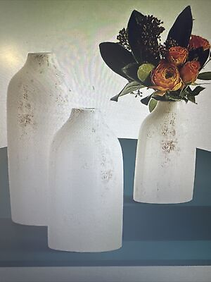 #ad Set of 3 White Ceramic Vase Set Farmhouse Home Decor Distressed White Vases $12.00