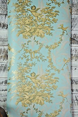 #ad Vintage Victorian Blue Cherub Floral Classic Scroll Gold Designer Gray Wallpaper $7.50