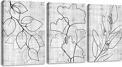 #ad Living Room Decor Wall Art Abstract Black and White Gray Plant Leaves Outline Li $54.51