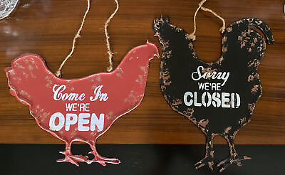 #ad Rooster Chicken Bird Metal Open Closed Hanging Signs Country Kitchen Decor $34.95