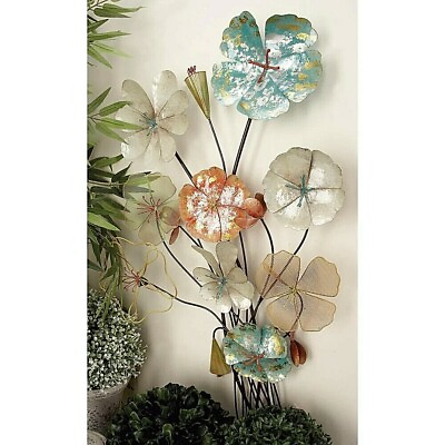 #ad Large Colorful Metal Floral Wall Art Sculpture 3 D Decor Easy Hang Vertical $103.60