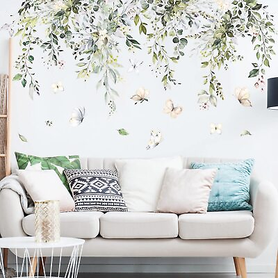 #ad Hanging Green Leaves Wall Decals Watercolor Plants Wall Stickers Large Floral... $22.10