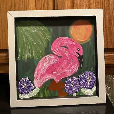 #ad Flamingo Painting Framed Pink Flamingo Beach Decor Art Animals 13x13 $54.95