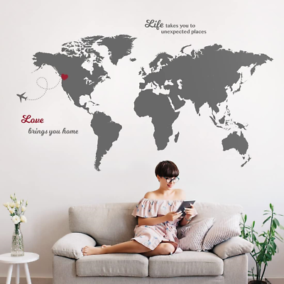 #ad TIMBER ARTBOX Large World Map Wall Art with Quotes – True Size World Map Decal $29.64
