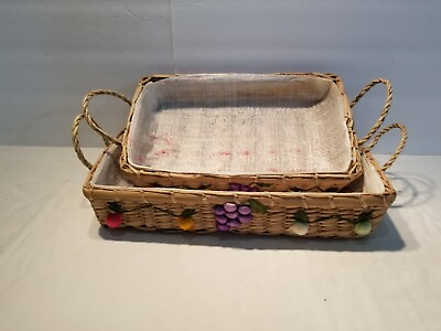 #ad Set of 2 Woven Wicker Serving Trays Handles Lined Fruit Grape Decor 13 x 8 x 3 $26.99