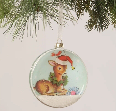 #ad 4quot; Bethany Lowe Glass Glitter Dome Deer Disc Ornament Retro Vtg Christmas Decor $9.95