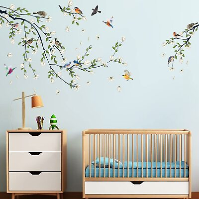 #ad White Flowers Wall Decal Magnolia Wall Sticker Birds on Tree Branch Wall Decor D $25.05