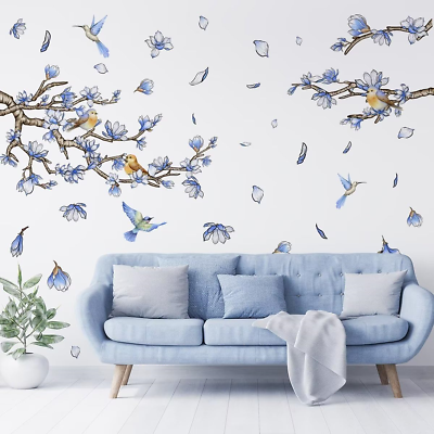 #ad BLUE FLOWER BIRD TREE BRANCH WALL STICKERS VINYL MURAL ART DECAL HOME ROOM DECOR $14.24