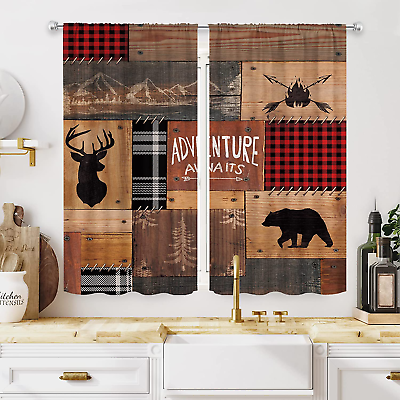 #ad Rustic Wooden Kitchen Curtains 27.5Wx39H Inch Rod Pocket Retro Farmhouse Bear De $35.99