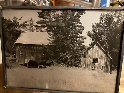 #ad Antique Glass Plate Negative 5x7 Photograph RARE RELATABLE IMAGE OF BARNS Framed $111.00