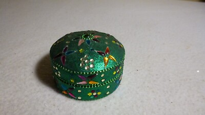 #ad TRINKET BOX green w colored stoned over metal removable lid NEW $5.46