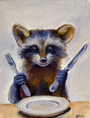 #ad Raccoon Painting 8x10 inch Original Painting oil Home Gift Kitchen Art Decor $49.00