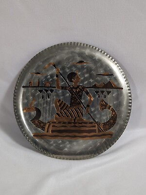 #ad Small Egyptian Plate Egyptian Lady 7 3 4quot; Round Etched Copper Vintage Wall Decor $12.00