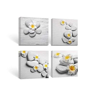 #ad #ad Bathroom Decor Wall Art Yellow Gray Pictures Flowers and Pebble Stone Zen Mod... $129.84
