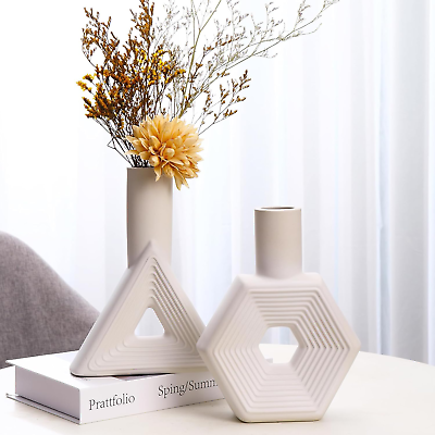 #ad Matte Geometric White Ceramic Vases for Decor Set of 2 Boho Modern Home Decor fo $40.87