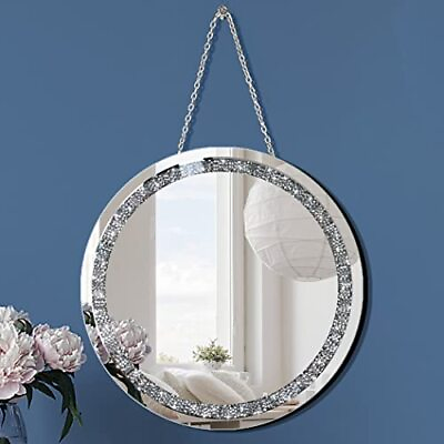 #ad Crystal Crush Diamond Round Silver Mirror with Iron Chain for Wall 12x12 inch $39.00