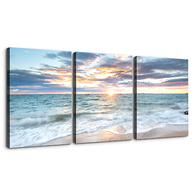 #ad Blue Sea Sunset White Beach Painting 3 Piece Canvas Wall Art Picture Poster Home $59.99