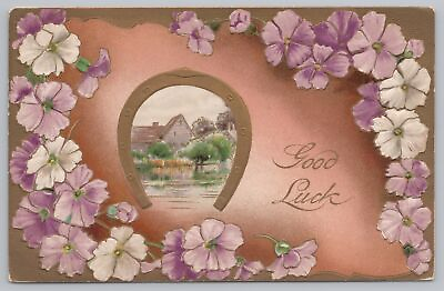 #ad Greetings Horseshoe Home @ Lake Purple White Flowers Good Luck Vintage Postcard $2.70
