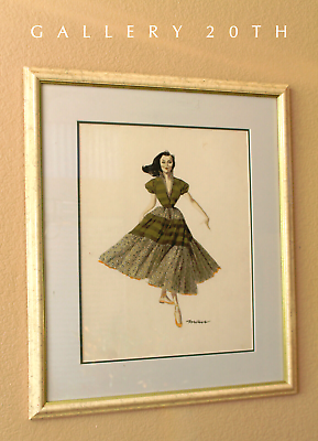 #ad EPIC MID CENTURY WATERCOLOR ORIG FASHION ART PAINTING 50S COUTURE SUPER MODEL $1377.00
