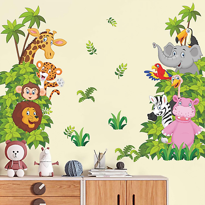 #ad #ad Jungle Animal Wall Stickers Cartoon Animal Wall Decal Elephant Lion Zebra Wall A $18.61