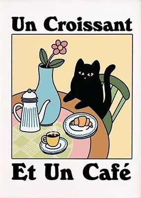 #ad Vintage Cat Wall Art Famous Cafe Croissant Cat Poster For Kitchen Decor Gift ... $23.40