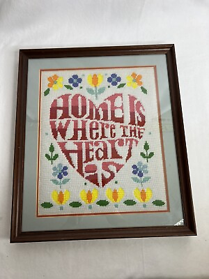 #ad Vintage Home is Where the Heart Is Needlework Framed 15.5quot; x 18quot; Handmade $129.99
