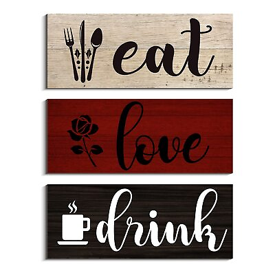 #ad Eat Kitchen Wall Decor 3 Pcs Eat Drink Love Wood Sign Plaque Wooden Hanging W... $22.17