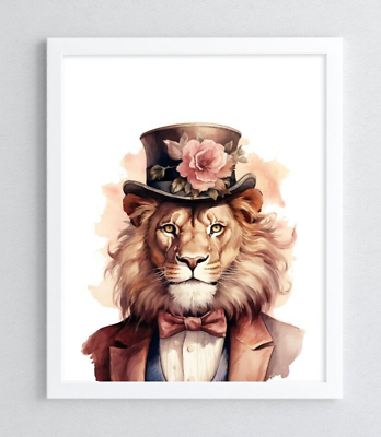 #ad Lion Art Print Lion With Hat Art Home Decor Wall Art Print Wall Decor Cats $9.99