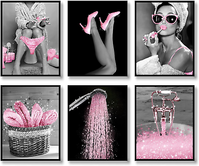 #ad Fashion Wall Art Bathroom Wall Decor Prints Set of 6 Black and White Pink Glam G $30.89