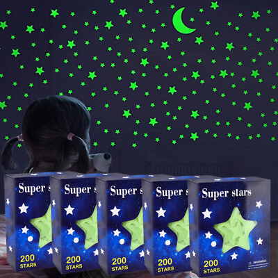 #ad 200 pcs Pack Glow In The Dark 3D Stars Moon Stickers Bedroom Wall Room Decor DIY $9.49