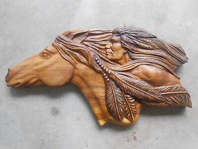#ad wood carved Native American with horse wooden wall art decor sculpture $45.00