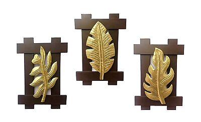#ad WOOD BRASS WALL ART LEAF FOR HOME DECOR LIVING ROOM DECORATION SET OF 3 $165.00