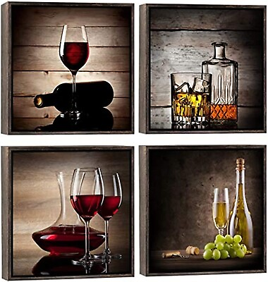 #ad #ad Framed Canvas Wall Art Red Wine Cups Modern 4 Pieces Kitchen Wall Art poster $89.99