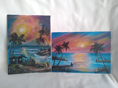 #ad 2 pcs Original Art Hand Painting Coastal Seaside Nautical Wall Art Decor $38.99