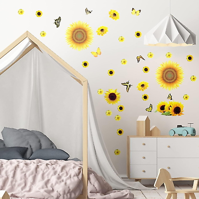#ad 53 Pcs Sunflower Daisy Wall Decals Butterfly Wall Stickers Waterproof Sunflower $16.65