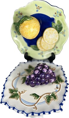 #ad Bella Casa by Ganz 3D Fruit Plates Set of 2 Lemon and Grape Kitchen Decor $32.99