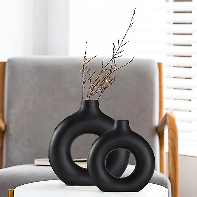 #ad Black Ceramic Vase for Modern Home DecorRound Matte Pampas Flower Vases Minimal $37.99