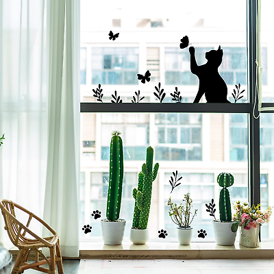 #ad Black Cat Wall Stickers Cat Silhouette Decals Butterfly Wall Decor Paw Print Sti $19.19